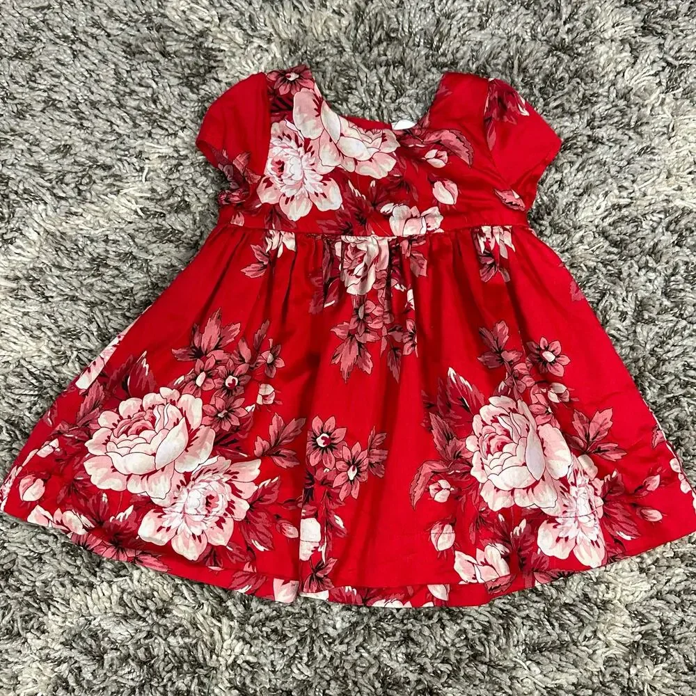 Baby Gap Empire Waist Red Floral Dress Girls 12-18 Months Toddler